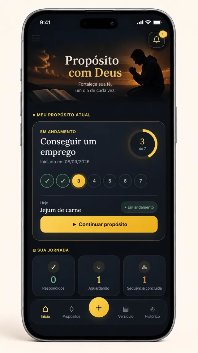 Aplicativo Propósito com Deus exibindo o acompanhamento diário de uma jornada